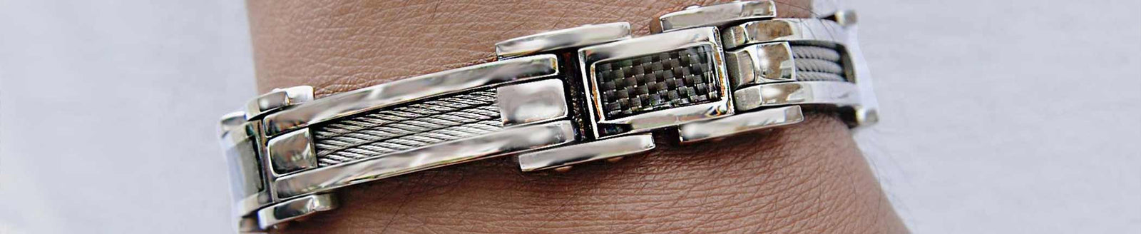 Mens Bracelets; Silver and steel