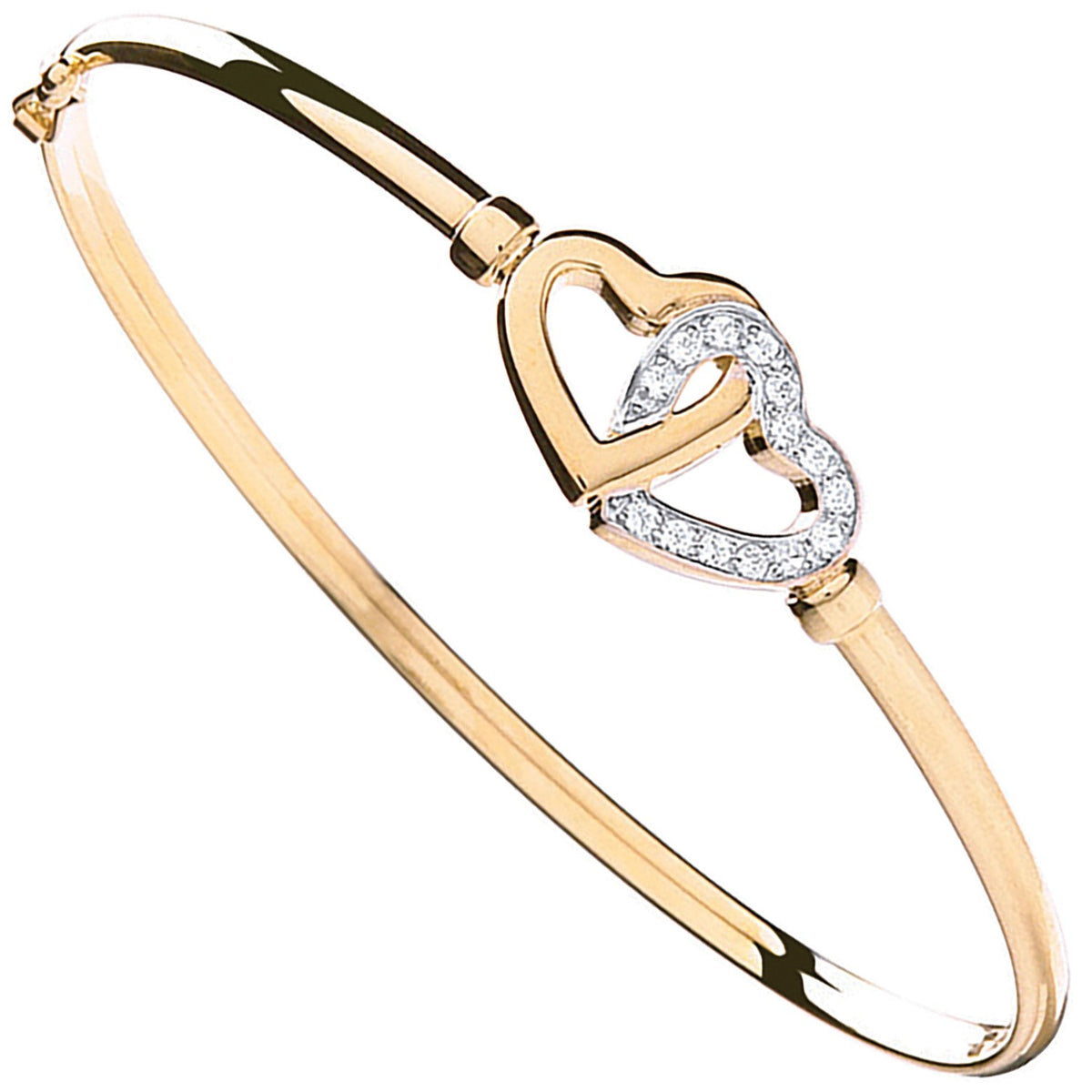 Yellow Gold Double Cz Heart Bangle