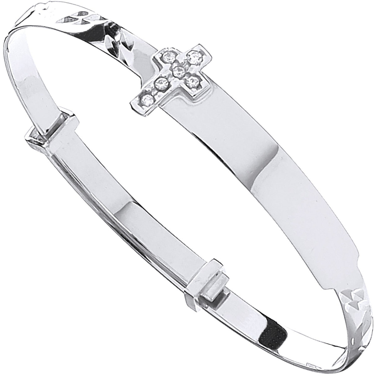 White Gold D/C Expandable Baby Bangle Cz Cross