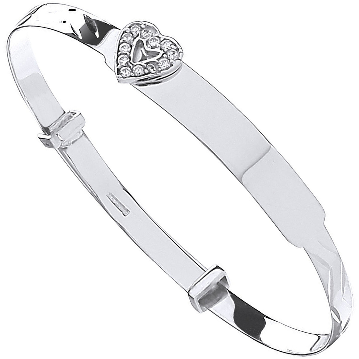 White Gold D/C Expandable Baby Bangle Cz Heart