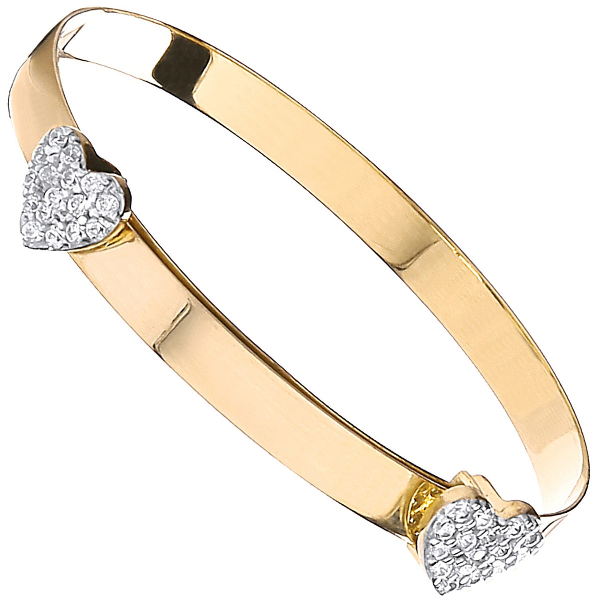 Yellow Gold Expandable Baby Bangle Two Cz Heart