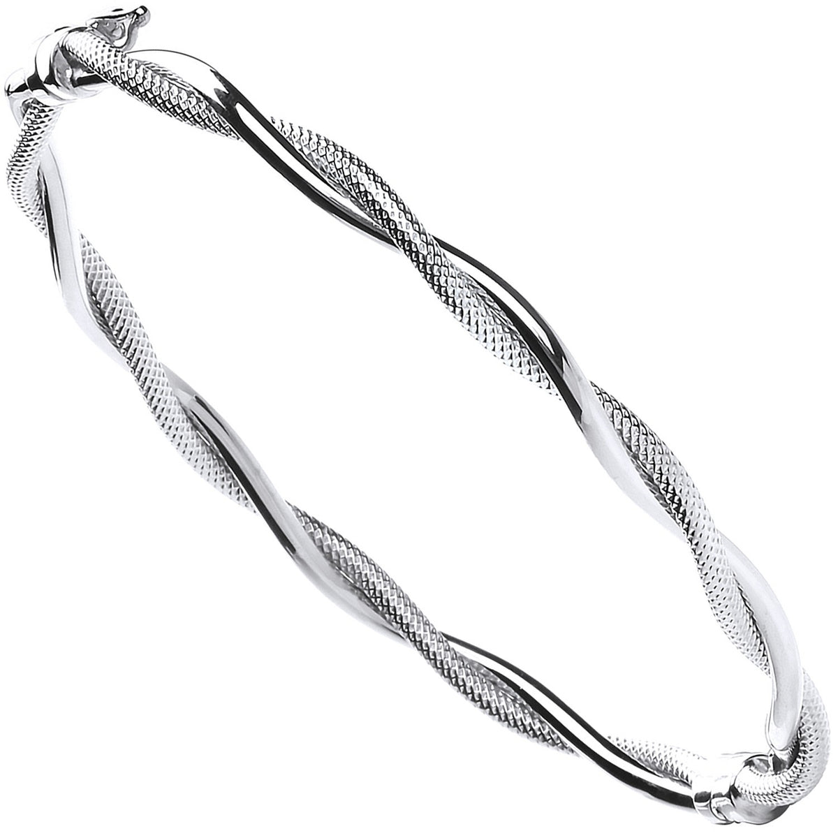 White Gold Ribbed &amp; Plain Tubes Twisted Bangle