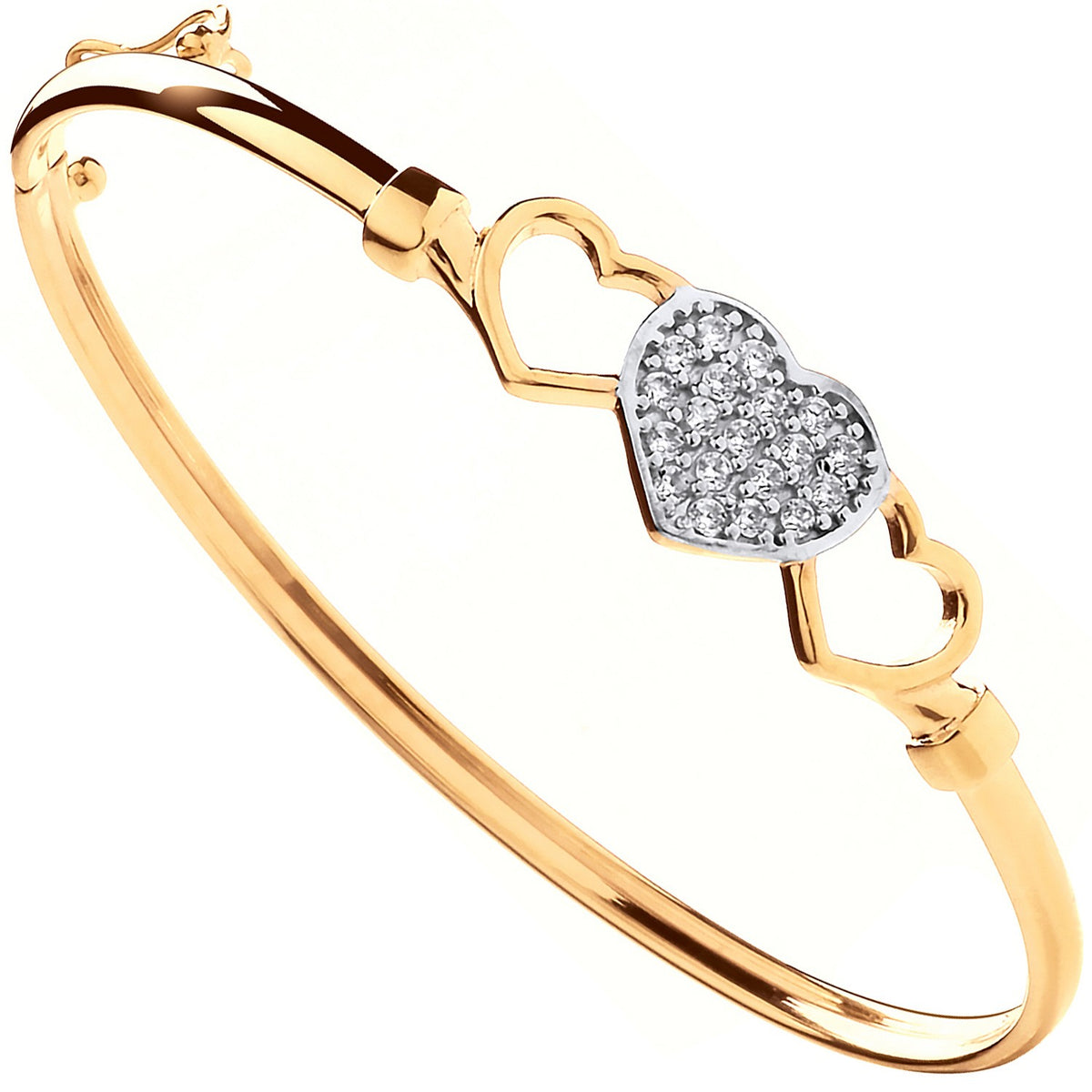 Yellow Gold Hollow Three Hearts, Cz Baby Bangle