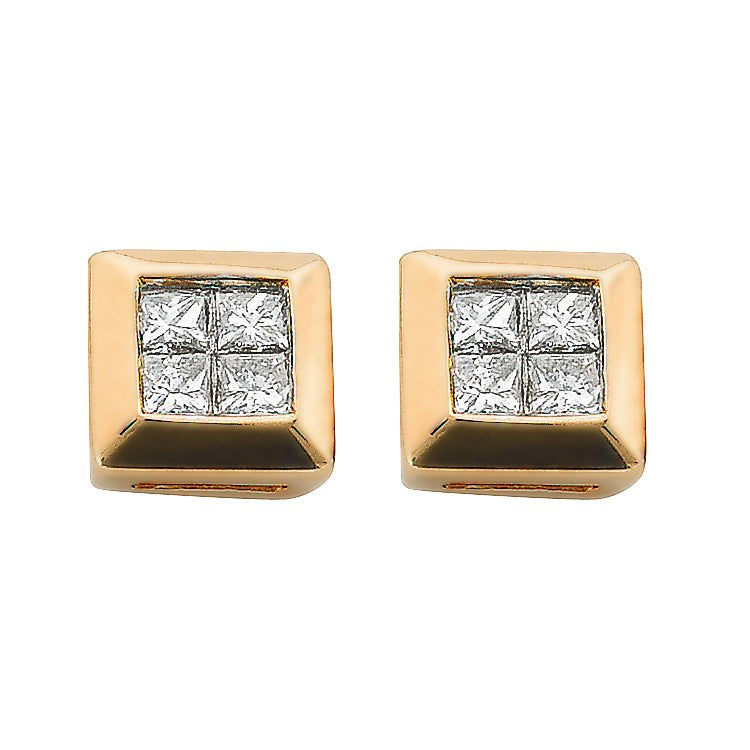 9ct Yellow Gold 0.25ctw 4 Stone Rubover Set Princess Cut Diamond Stud Earrings