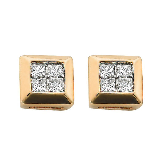 9ct Yellow Gold 0.25ctw 4 Stone Rubover Set Princess Cut Diamond Stud Earrings