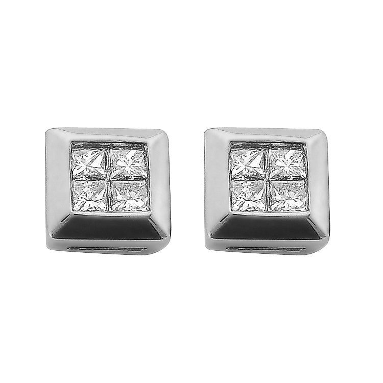 9ct White Gold 0.25ct 4 Stone Rubover Set Princess Cut Diamond Stud Earrings