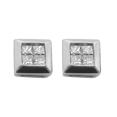 9ct White Gold 0.25ct 4 Stone Rubover Set Princess Cut Diamond Stud Earrings