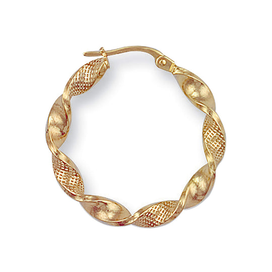 Yellow Gold 27mm Frosted Twisted Hoop Earrings