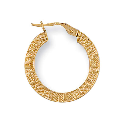 Yellow Gold 21.6mm Frosted Greek Key Hoop Earrings