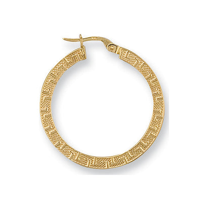 Yellow Gold 30mm Frosted Greek Key Hoop Earrings