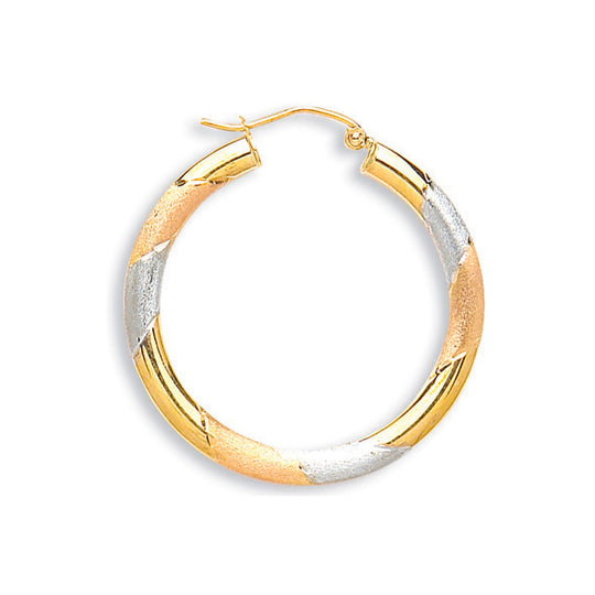 Yellow Gold White Gold & Rose Gold D/C 30mm Hoop Earrings