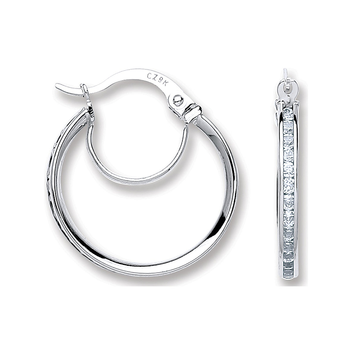 White Gold 21mm Channel Set Round Cz Hoop