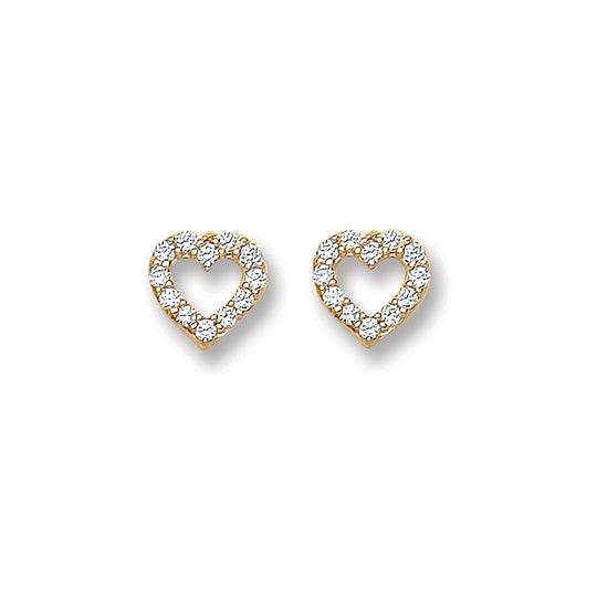 Yellow Gold Heart Shape Cz Stud Earrings