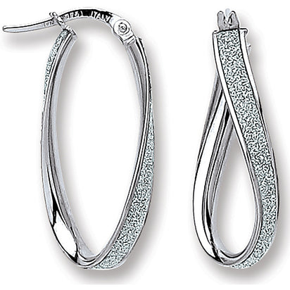 White Gold Glitter Oval Twist Hoop Earrings