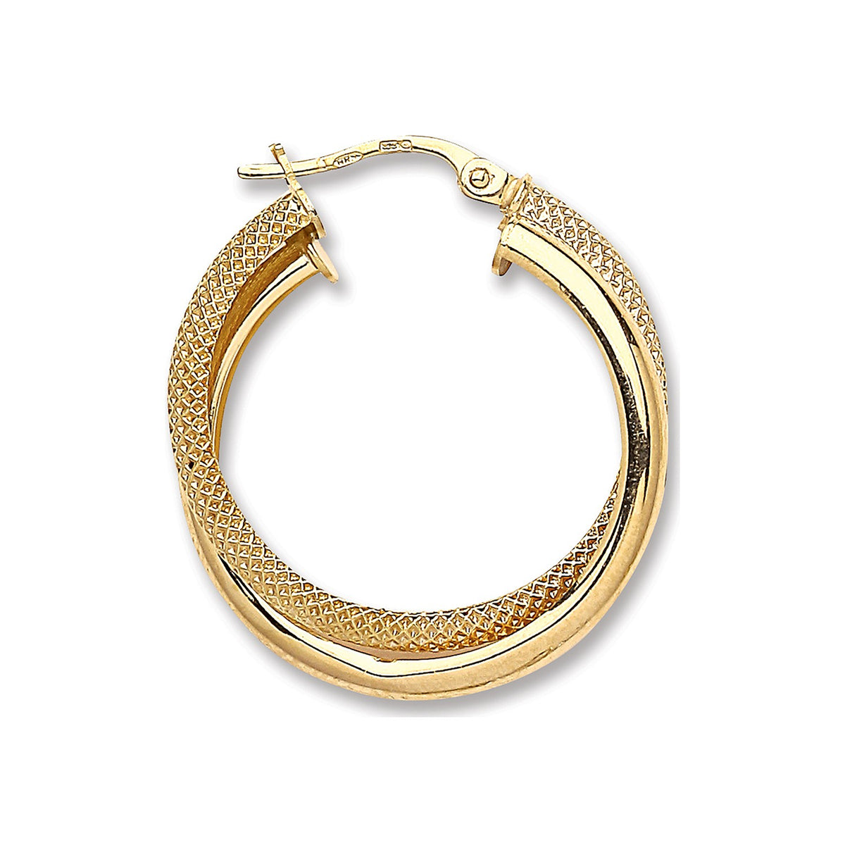 Yellow Gold Plain &amp; Frosted Double Hoop Earrings