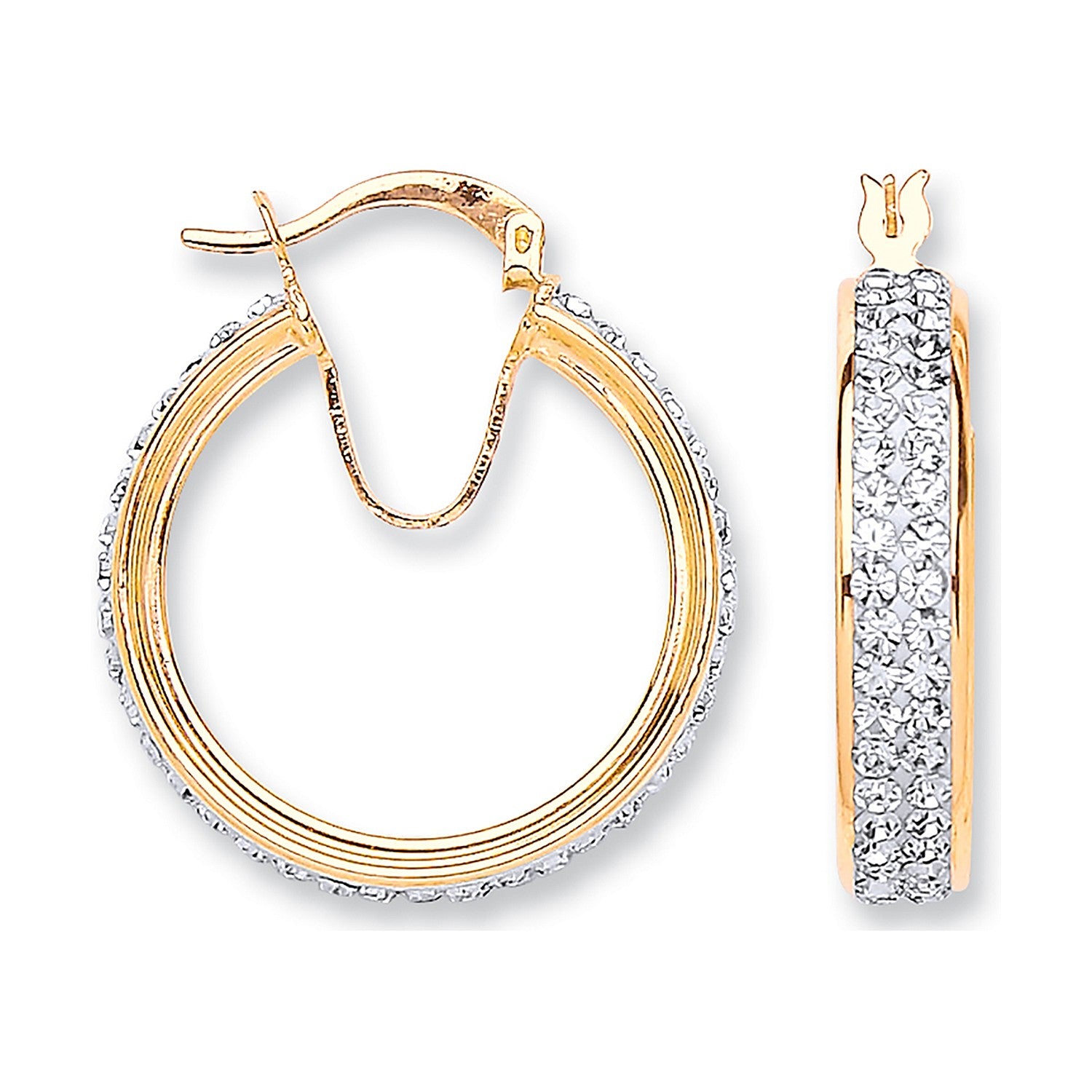 Yellow Gold 24.8mm Round Two Row Crystal Hoop