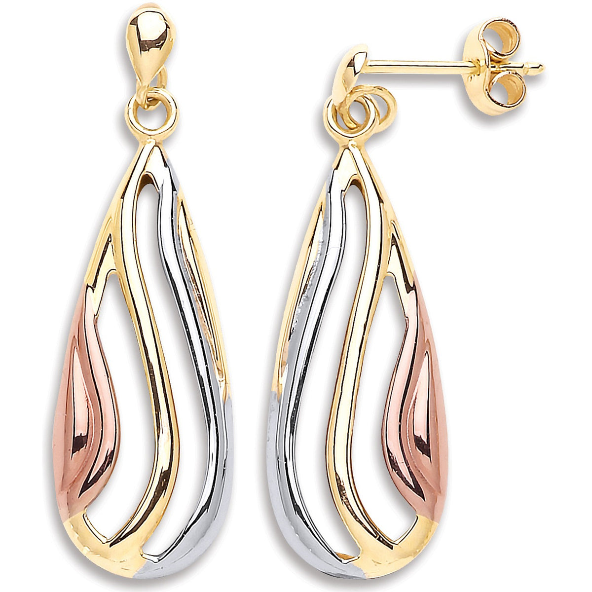 Yellow Gold White Gold &amp; Rose Gold Tear Drop Earrings