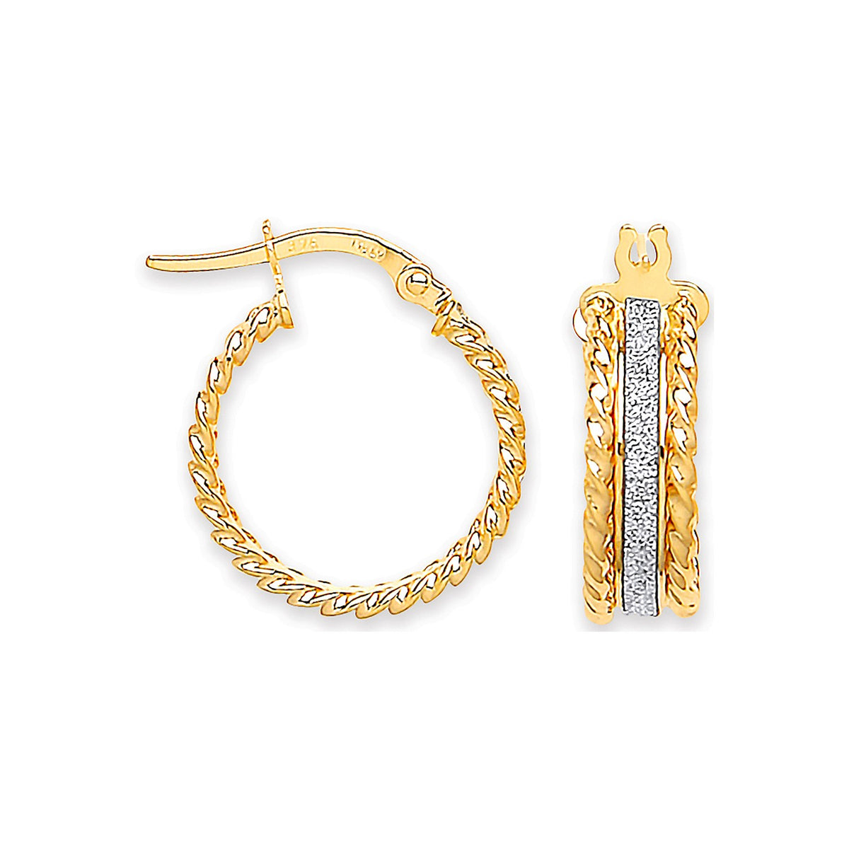 Yellow Gold 17.3mm Glitter Ribbed Edge Earrings