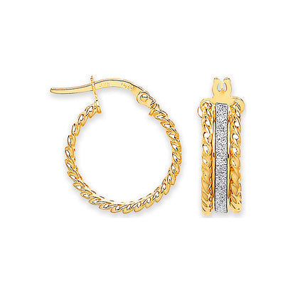 Yellow Gold 17.3mm Glitter Ribbed Edge Earrings