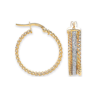 Yellow Gold 22.6mm Glitter Ribbed Edge Earrings