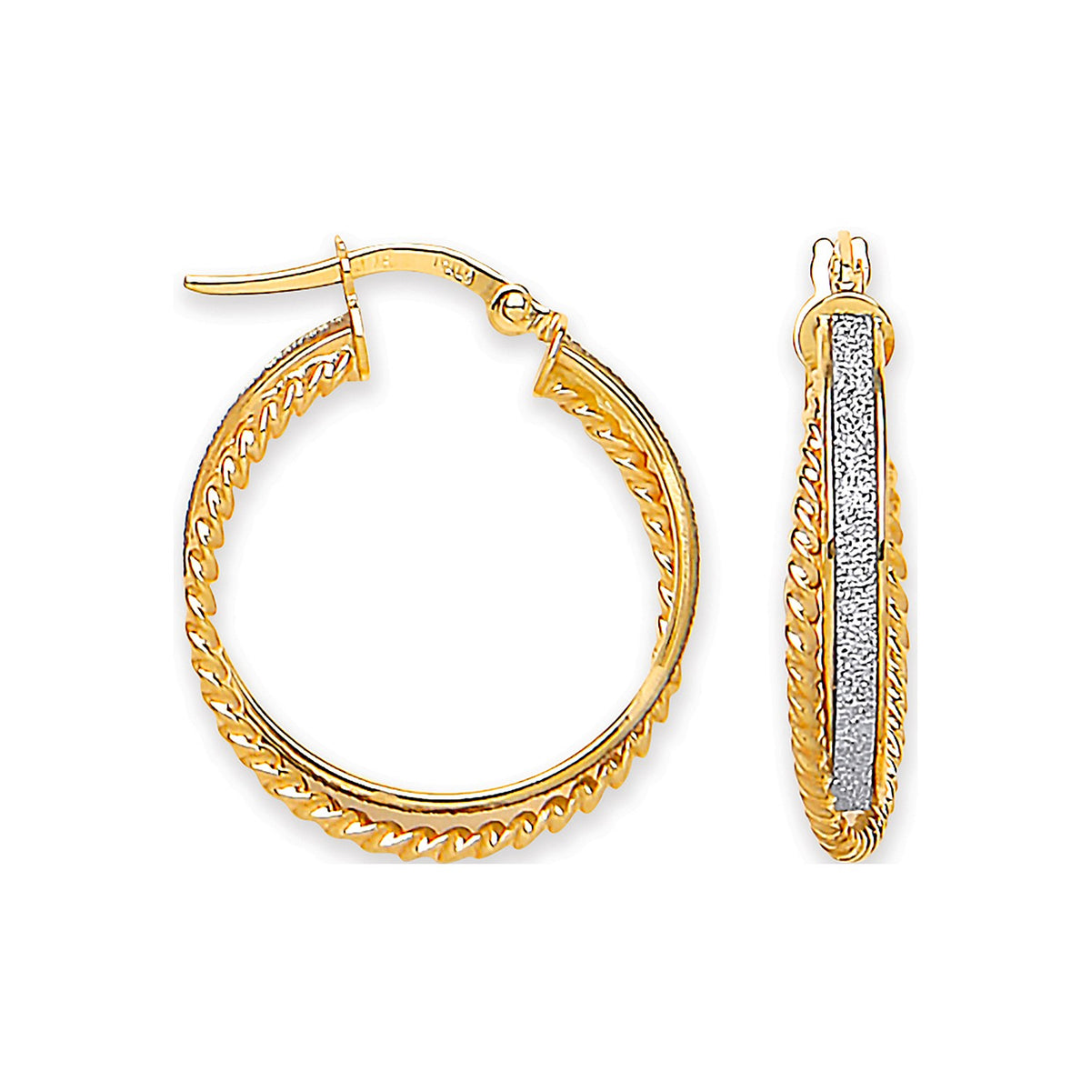Yellow Gold 22.6mm Moondust &amp; Ribbed Edge Twisted Hoop Earrings