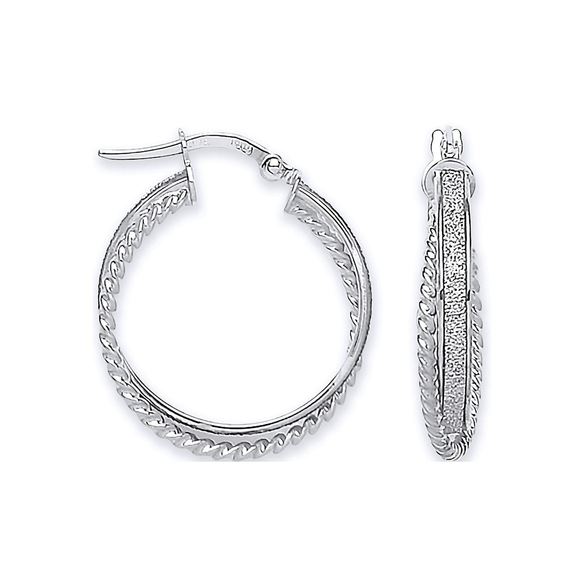 White Gold 22.6mm Moondust &amp; Ribbed Edge Twisted Hoop Earrings