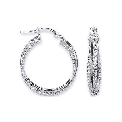 White Gold 22.6mm Moondust & Ribbed Edge Twisted Hoop Earrings