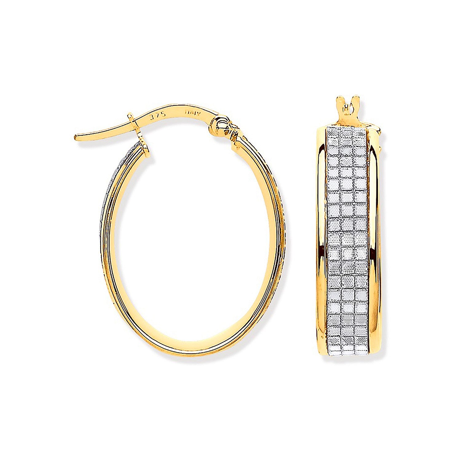 Yellow Gold Glitter p/c Illusion Oval Hoop Earrings