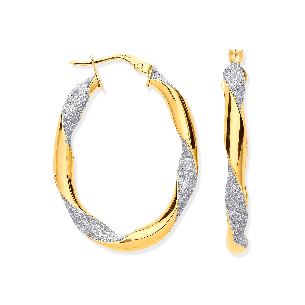 Yellow Gold Glitter Finish Twisted Oval Hoop Earrings