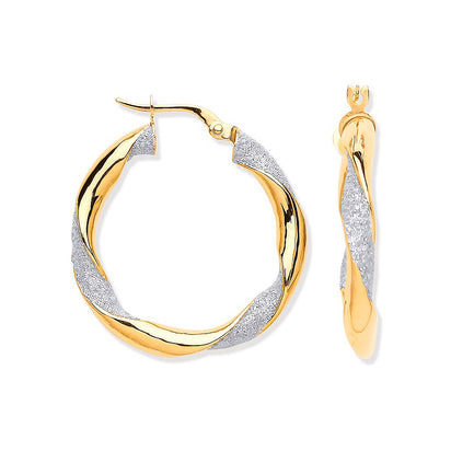 Yellow Gold Glitter Finish Twisted Hoop Earrings