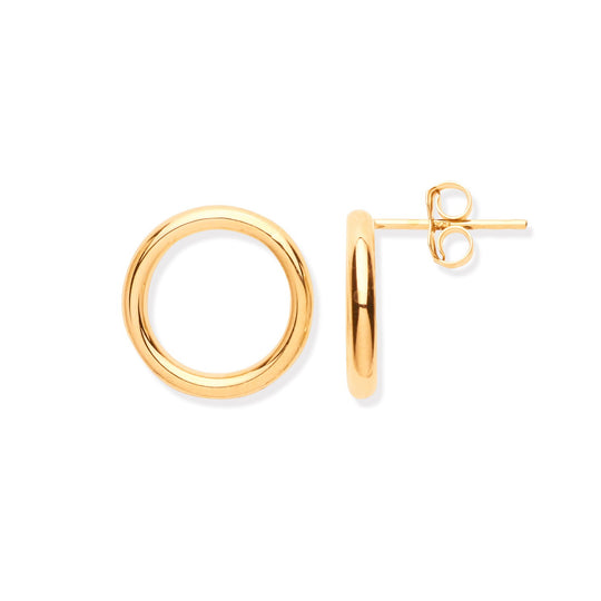Yellow Gold 13.5mm Open Circle Tube Stud Earrings