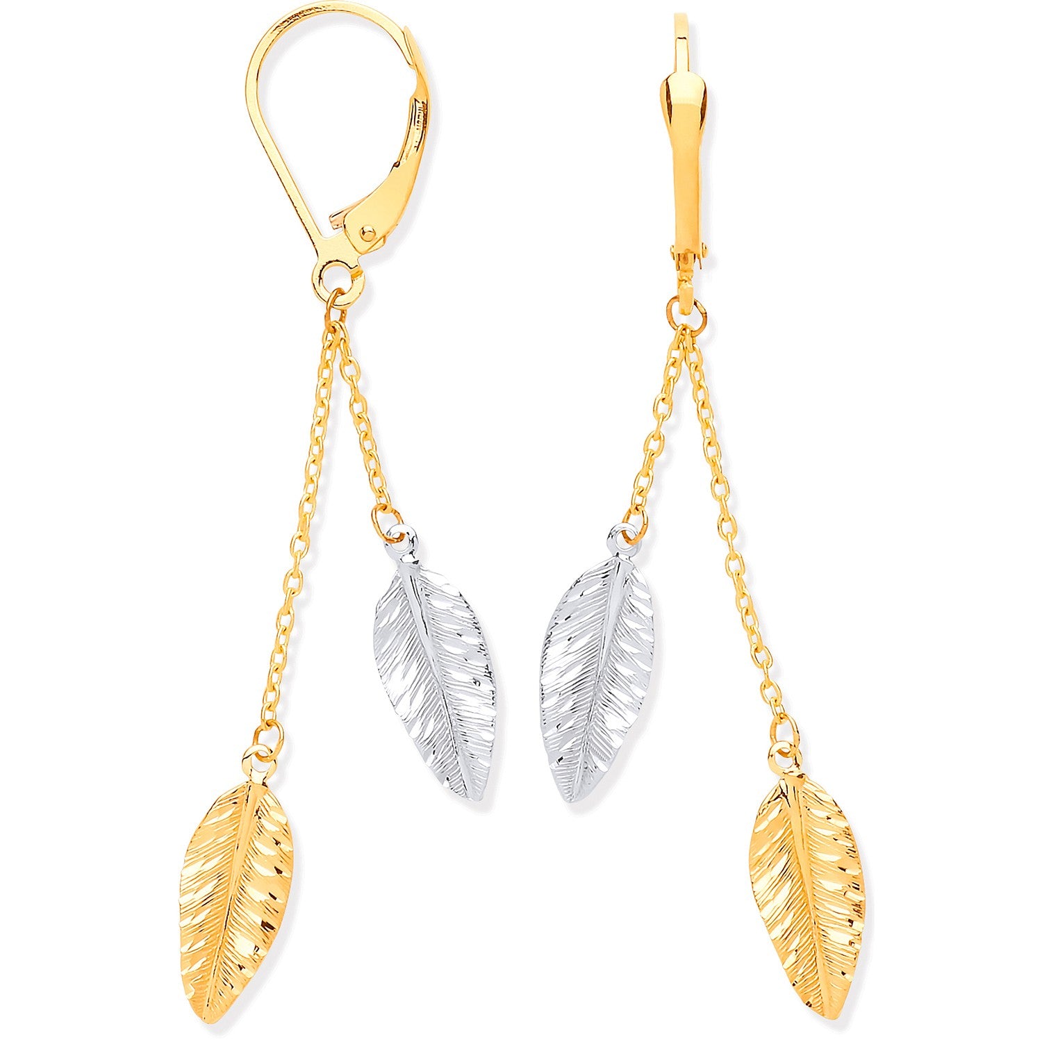 Yellow Gold & White Gold Leaf Drop Earrings