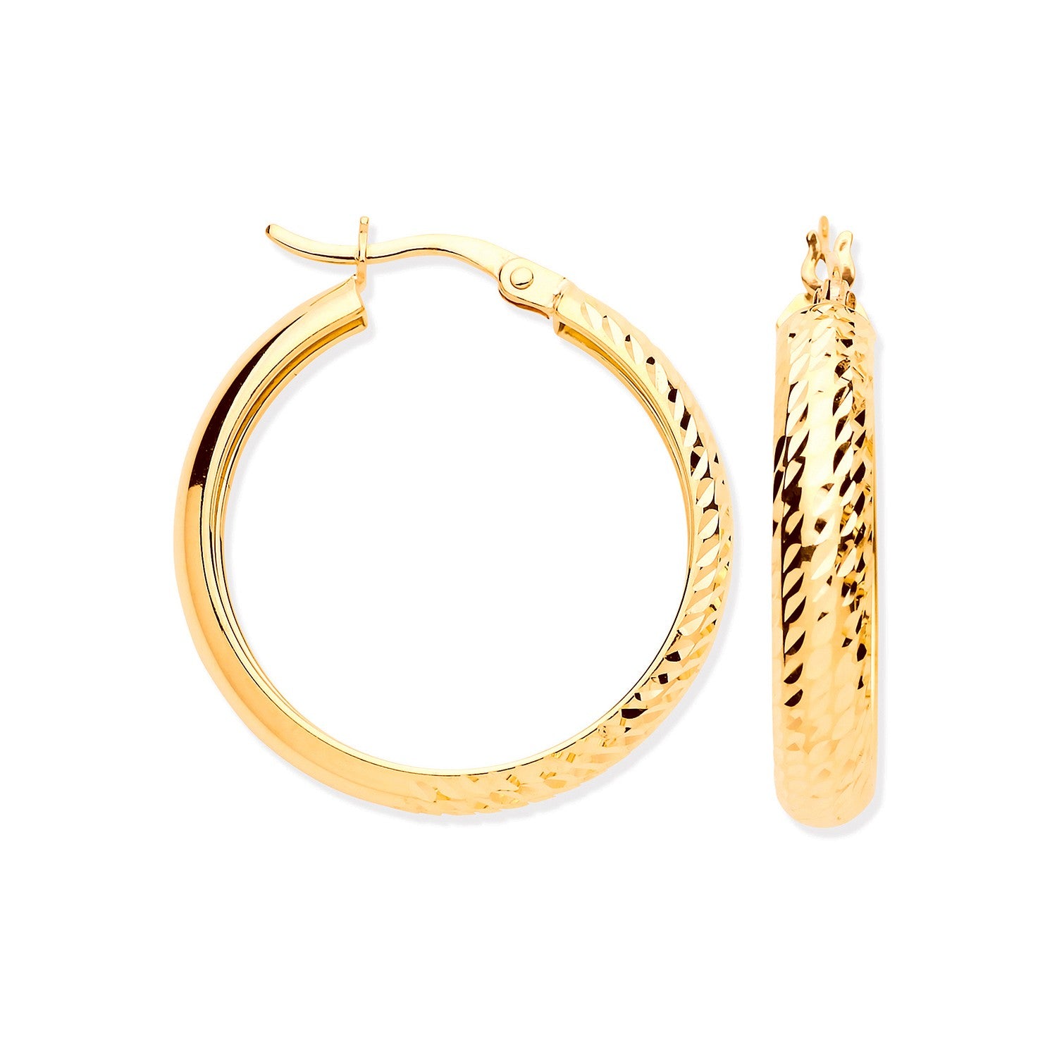 Yellow Gold Half DC Half Plain 24mm Hoop Earrings