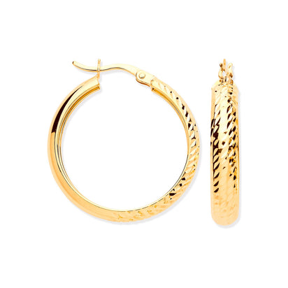 Yellow Gold Half DC Half Plain 24mm Hoop Earrings