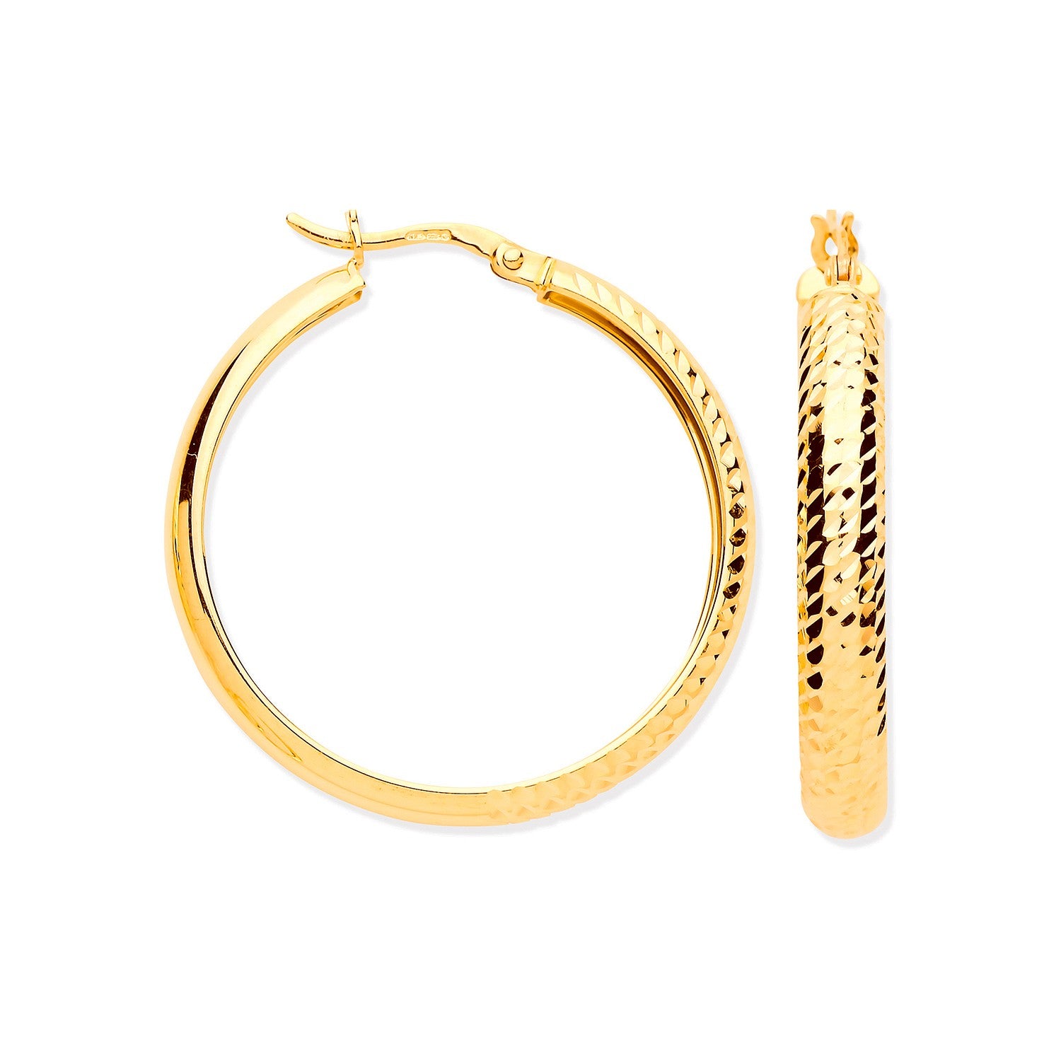 Yellow Gold Half DC Half Plain 29mm Hoop Earrings