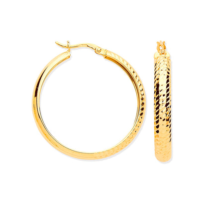 Yellow Gold Half DC Half Plain 29mm Hoop Earrings