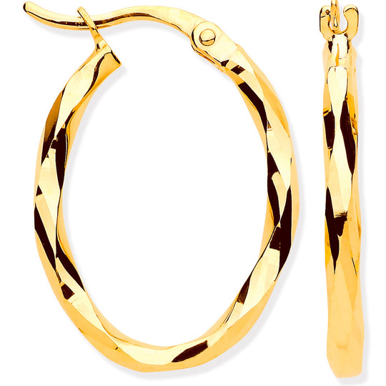 Yellow Gold Faceted OVAL Hoop Earrings