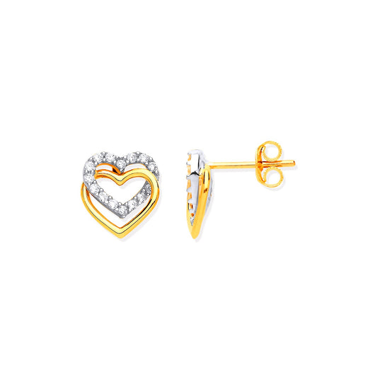 Yellow Gold Double Hearts, Plain & Cz's Stud Earrings