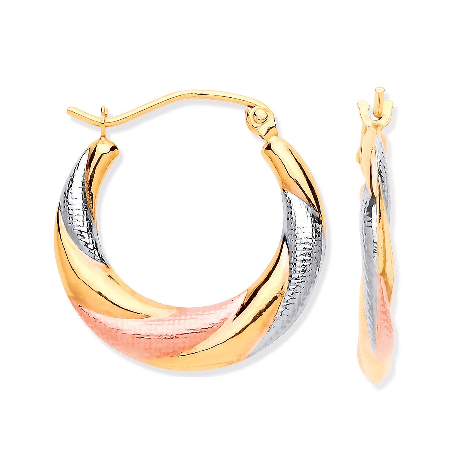 Yellow Gold, White Gold & Rose Gold Twist Hoop Earrings