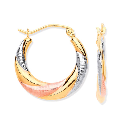 Yellow Gold, White Gold & Rose Gold Twist Hoop Earrings