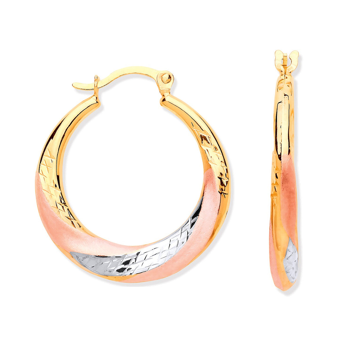 Yellow Gold, White Gold &amp; Rose Gold Twist Hoop Earrings
