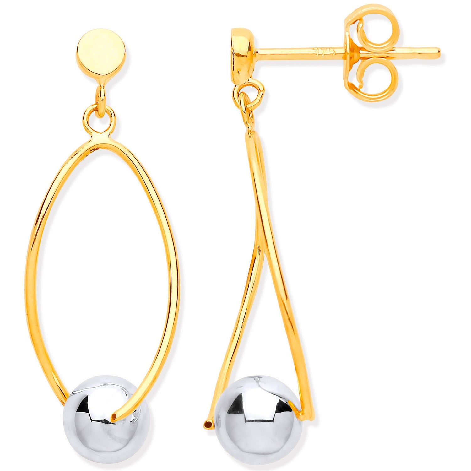 Yellow Gold & White Gold Thin Wire Drop with White Gold Ball Earrings