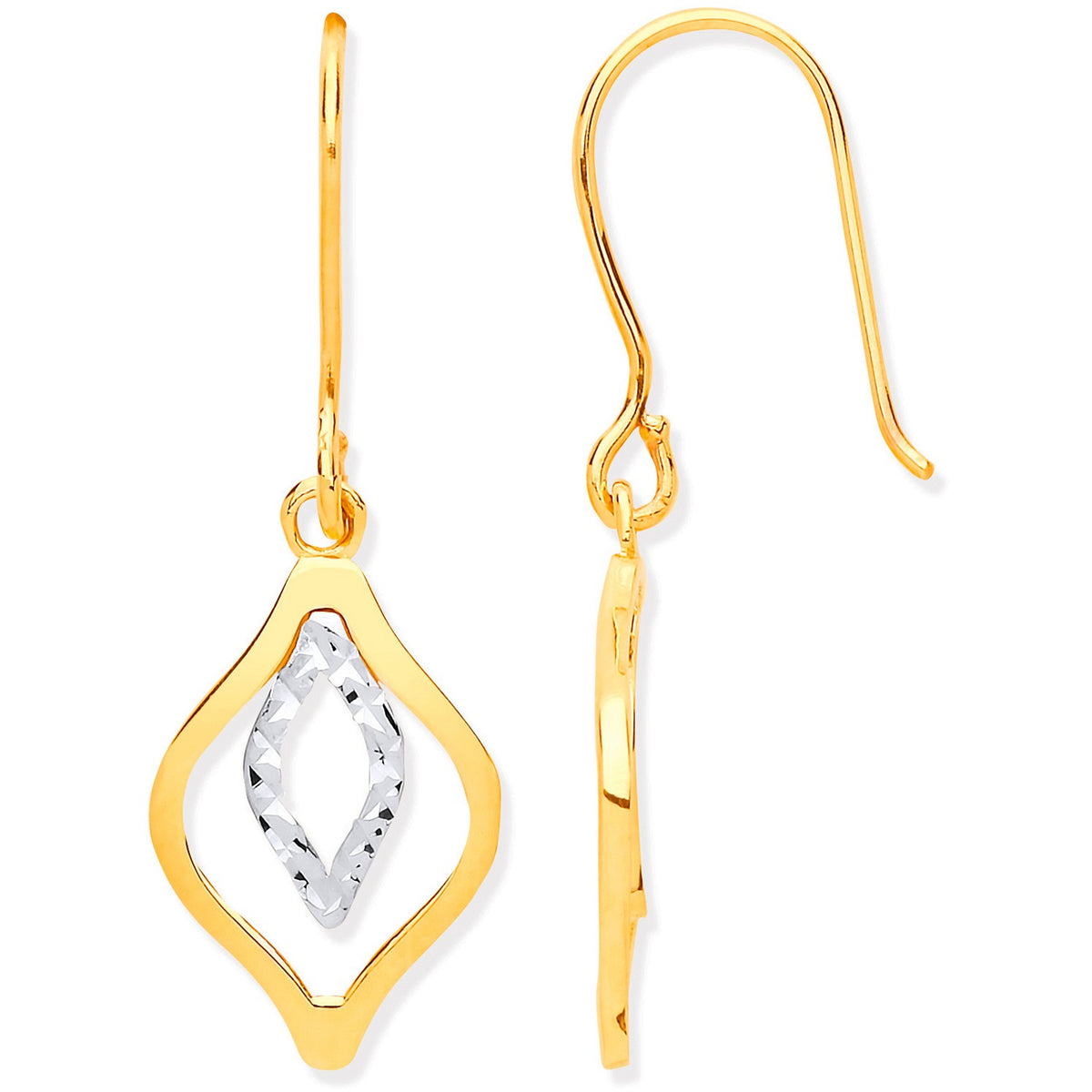 Yellow Gold &amp; White Gold Rhombus Shaped Hook Earrings