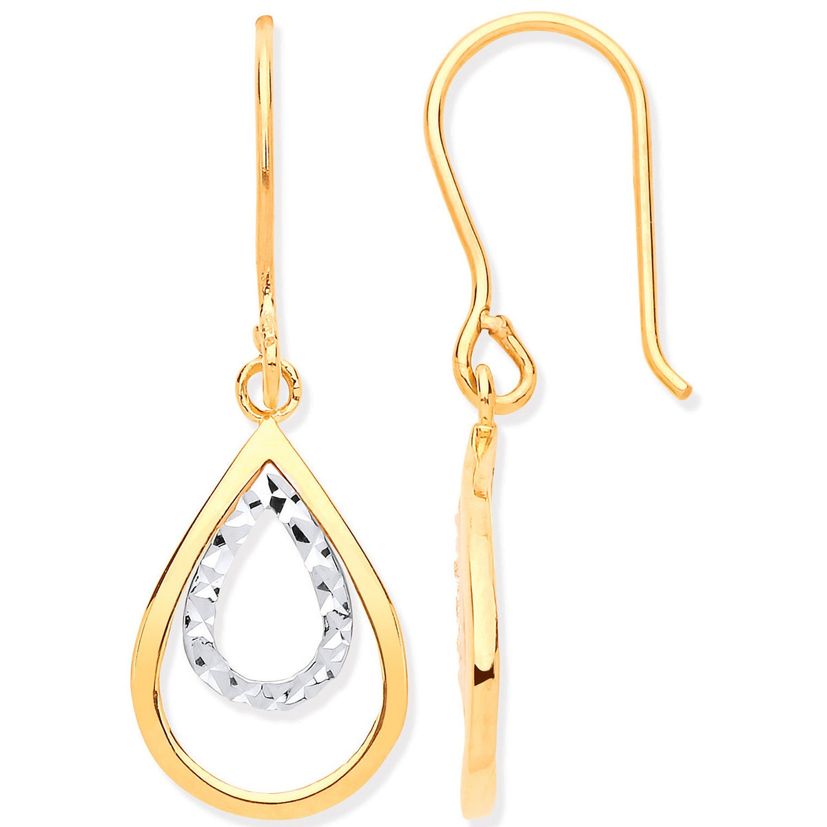 Yellow Gold &amp; White Gold Teardrop Shaped Hook Earrings