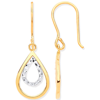 Yellow Gold & White Gold Teardrop Shaped Hook Earrings