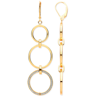 Yellow Gold Plain & Moondust Circles Drop Earrings
