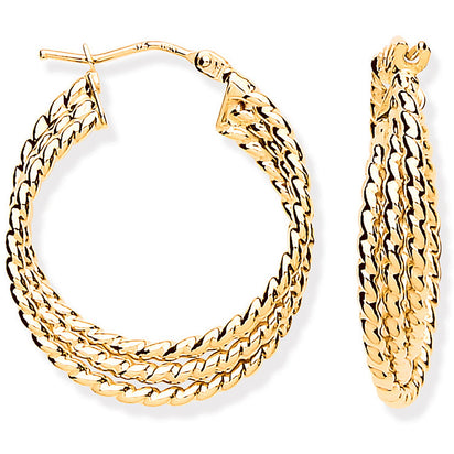 Yellow Gold Triple Layer Ribbed Hoop Earrings
