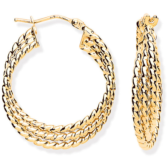 Yellow Gold Triple Layer Ribbed Hoop Earrings