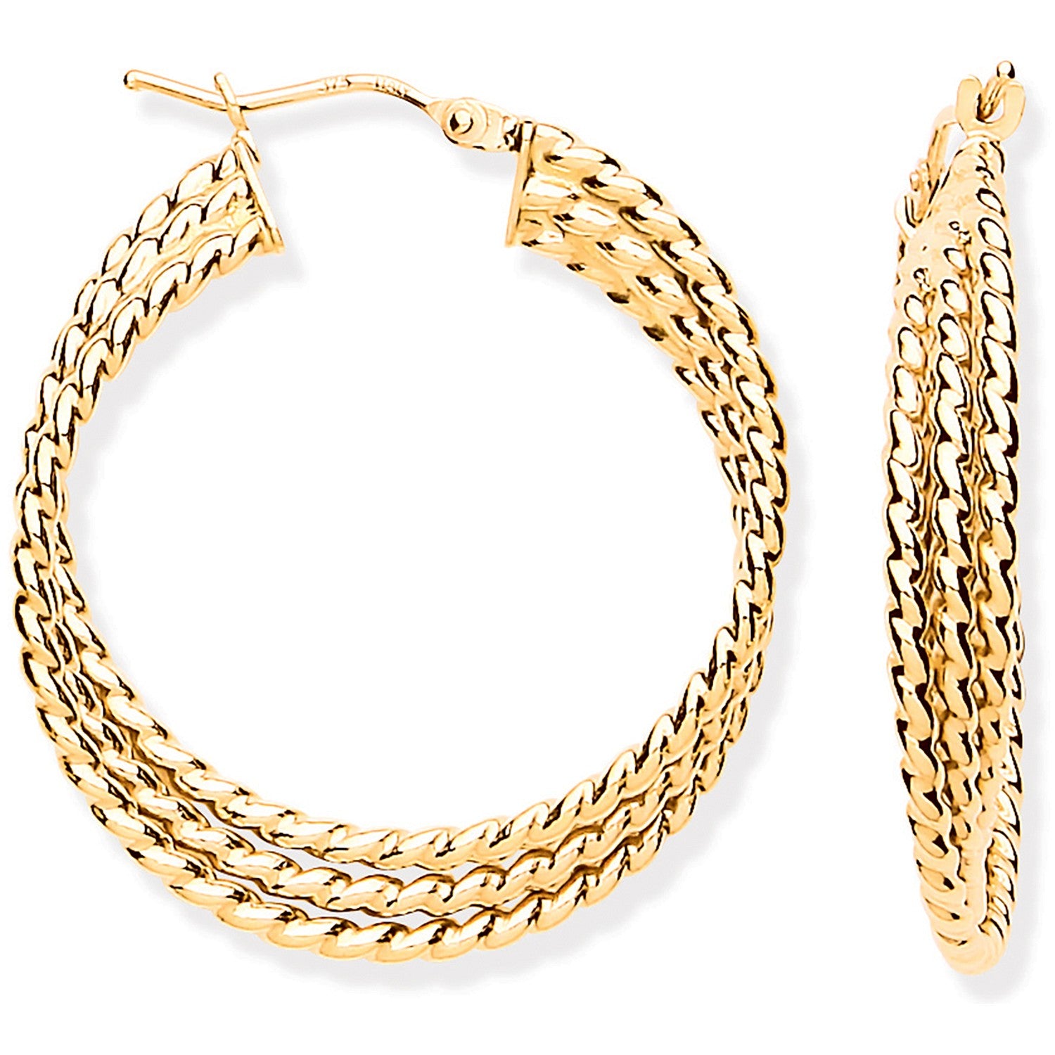 Yellow Gold Large Triple Layer Ribbed Hoop Earrings