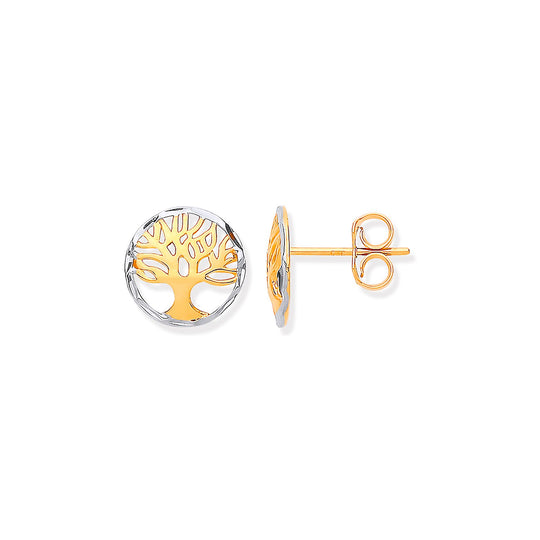 White Gold & Yellow Gold 10mm Tree of Life Stud Earrings
